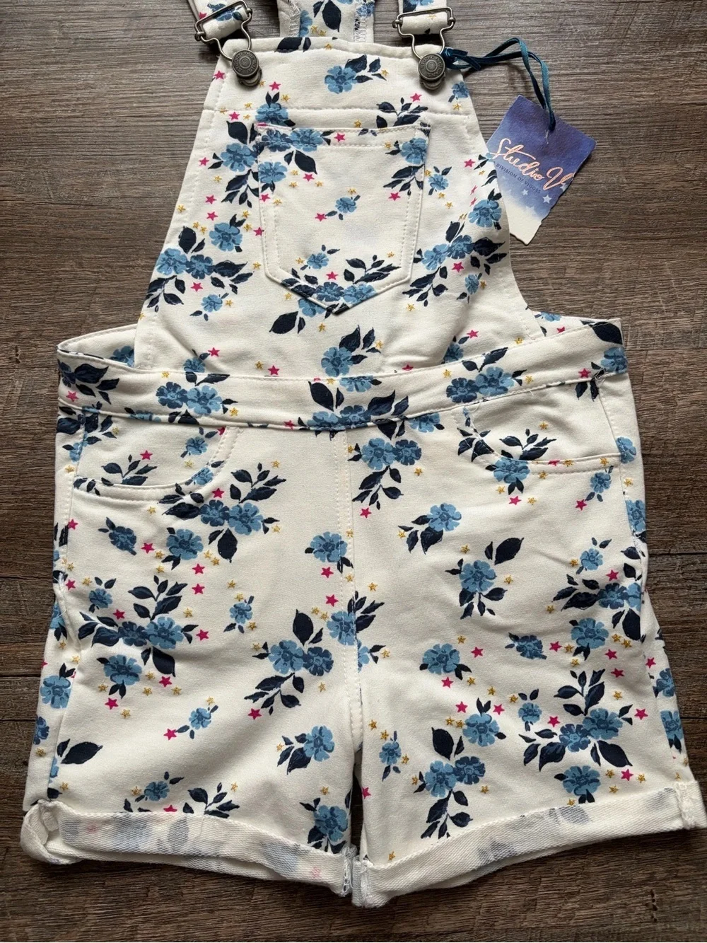 Floral Denim Shortalls with Blue and Pink Accents